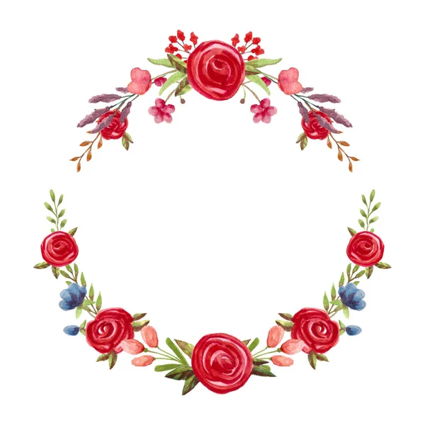 Watercolor floral wreath with red roses. Hand painted flowers illustrarion. — Stock Photo, Image