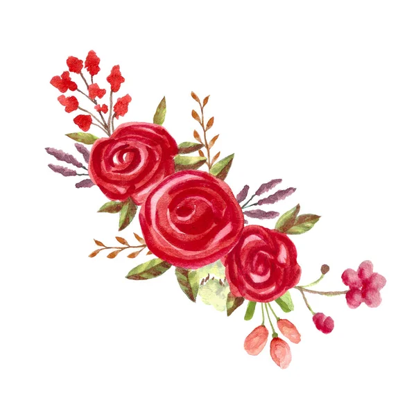 Bouquet floreale acquerello con rose rosse. Fiori dipinti a mano illustrarion . — Foto Stock