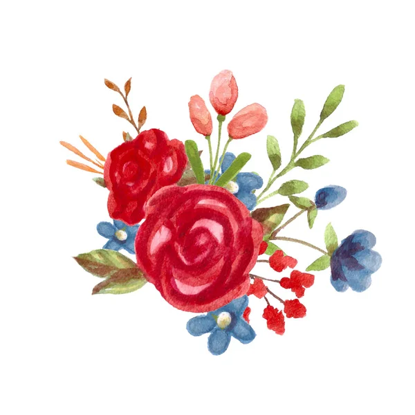 Ramo floral de acuarela con rosas rojas. Ilustración de flores pintadas a mano . —  Fotos de Stock