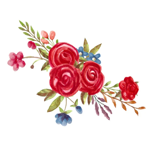 Bouquet floreale acquerello con rose rosse. Fiori dipinti a mano illustrarion . — Foto Stock