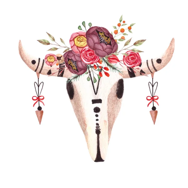 Akwarela boho czaszki krowy, bawoły, zwierząt z kwiatami i strzałki. Plakat do wydrukowania szablon dla wallart. — Zdjęcie stockowe
