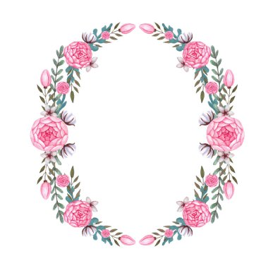 Pembe çiçekler şakayık, suluboya çelenk, pamuk. İzole çiçek şekil