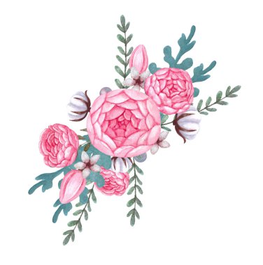 Çiçek buketi pembe çiçekli. Şakayık, gül ve pamuk düzenleme.