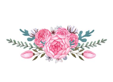 Çiçek düzenlemeleri ile pembe şakayık ve gül. Çiçek buketi