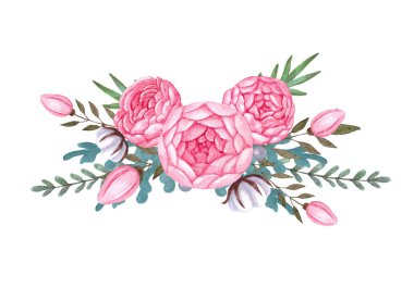 Çiçek düzenlemeleri ile pembe şakayık ve gül. Çiçek buketi