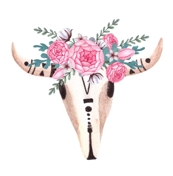 Cráneo de vaca. Calavera con flores. Cabeza de animal en estilo boho, tribal o étnico . — Foto de Stock