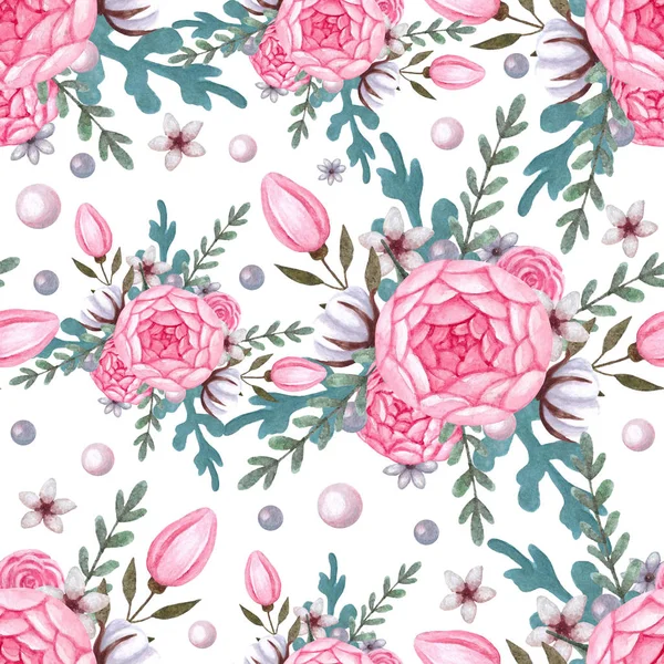 Floral Pattern Background with pink peony and cotton. — Stock Photo, Image