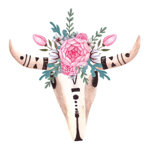 Caveira de vaca. Crânio com flores. Cabeça de animal em estilo boho, tribal ou étnico . — Fotografia de Stock
