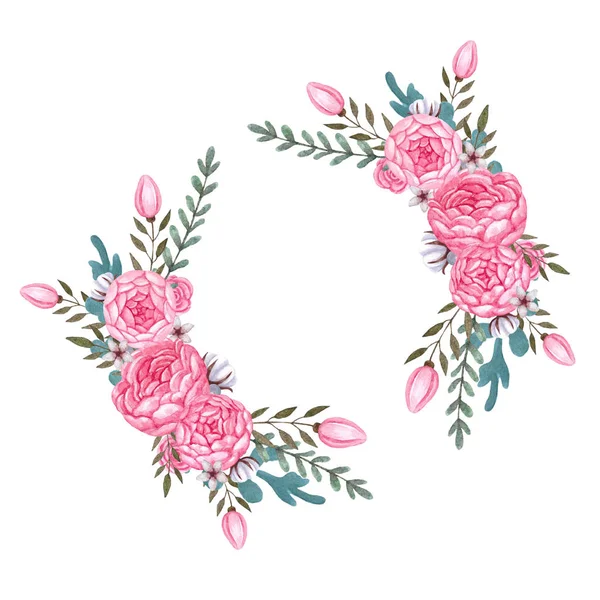 Ακουαρέλα ροζ λουλούδια Floral στεφάνι Peony λουλούδια — Φωτογραφία Αρχείου
