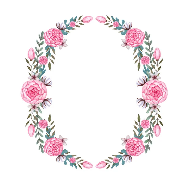 PInk Flowers Peony, Watercolor Wreath, Cotton. Isolated floral illustration — Stock Photo, Image