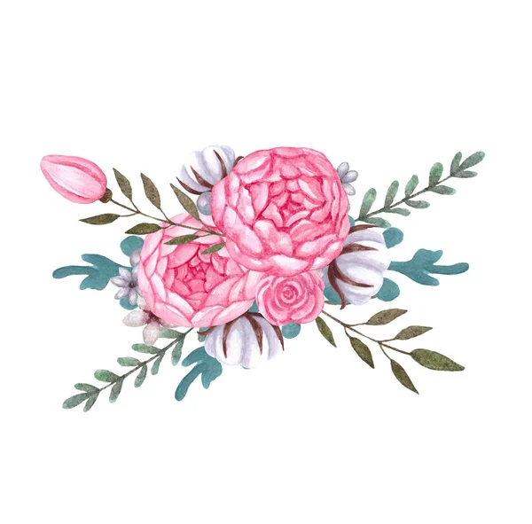 Ramo floral con flores rosas. Peonía, rosas y arreglo de algodón . —  Fotos de Stock