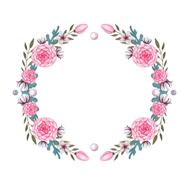 PInk Flowers Peony, Watercolor Wreath, Cotton. Isolated floral illustration — Stock Photo, Image