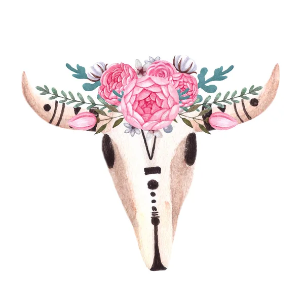 Αγελάδα κρανίο. Κρανίο με λουλούδια. Κεφαλής ζώου σε στυλ boho, φυλετικές ή εθνοτικές. — Φωτογραφία Αρχείου
