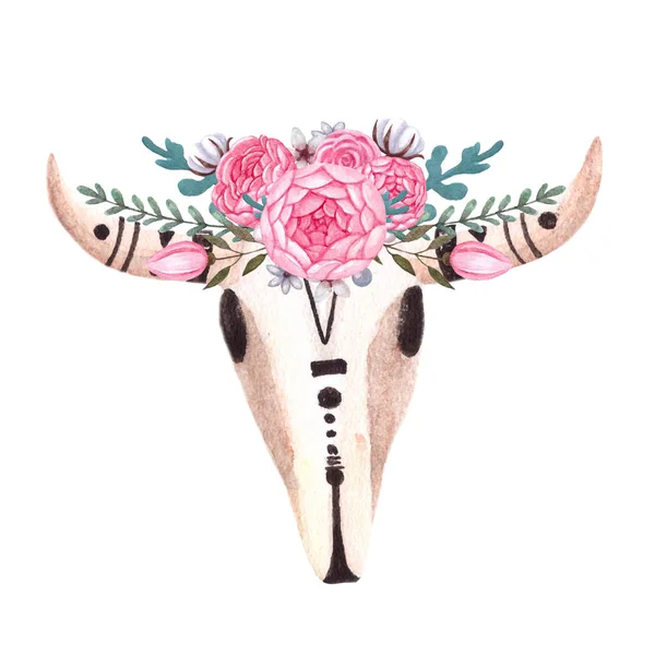 Caveira de vaca. Crânio com flores. Cabeça de animal em estilo boho, tribal ou étnico . — Fotografia de Stock