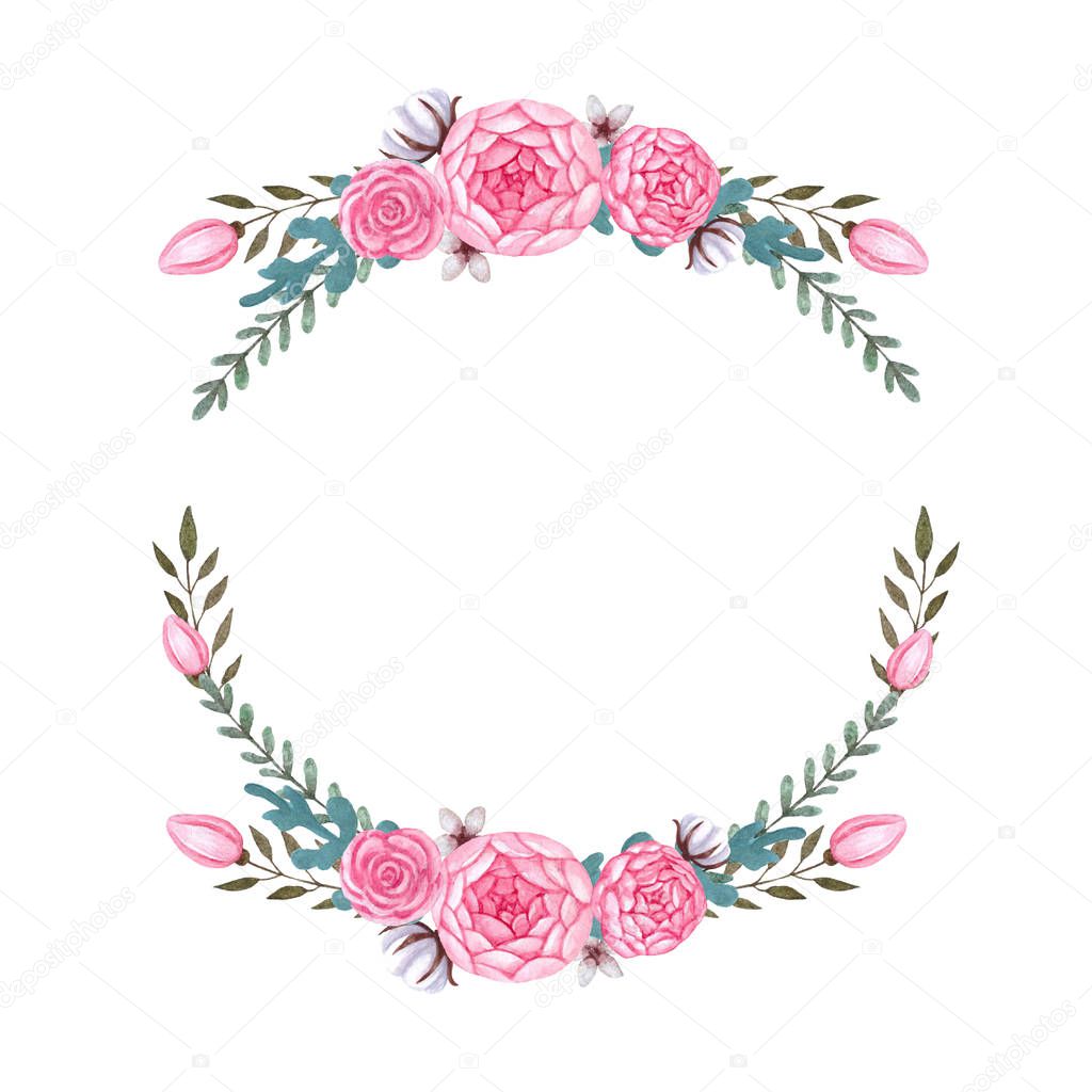 Watercolor pink flowers Floral Wreath Peony Flowers Isolated Clipart