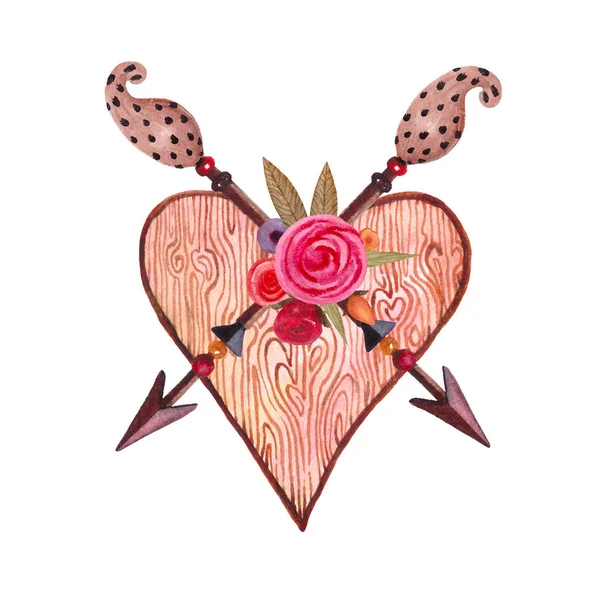 Hand painted Heart in Boho style with arrow , flowers and feather.