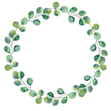 Suluboya okaliptüs çelenk. Yeşil yaprakları botanik çiçek çelenk. El boyalı yeşillik bitkisel çerçeve düğün davetiyeleri, tebrik kartları, baby shower, baskılar ve posterler için