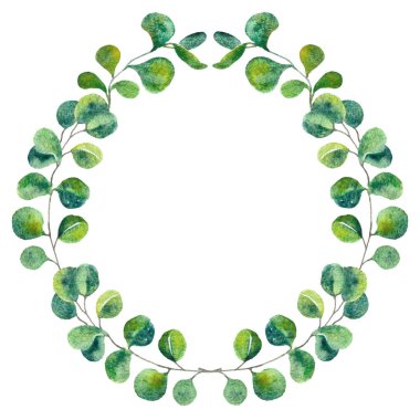 Suluboya okaliptüs çelenk. Yeşil yaprakları botanik çiçek çelenk. El boyalı yeşillik bitkisel çerçeve düğün davetiyeleri, tebrik kartları, baby shower, baskılar ve posterler için