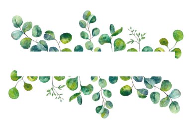 Yeşil suluboya çerçeve bırakır. Okaliptüs çerçeve, düğün davetiye, tebrik kartı, el ilanı için çelenk. El boyalı çerçeve çiçek şablon. Botanik bitkisel çelenk.