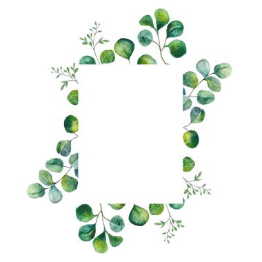 Yeşil suluboya çerçeve bırakır. Okaliptüs çerçeve, düğün davetiye, tebrik kartı, el ilanı için çelenk. El boyalı çerçeve çiçek şablon. Botanik bitkisel çelenk.