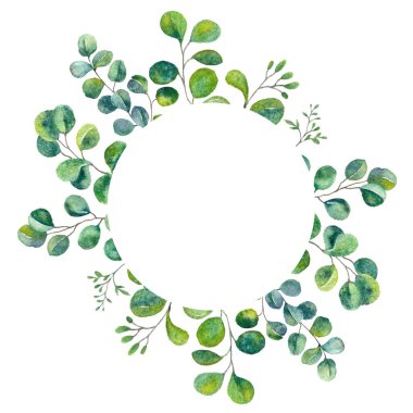 Yeşil suluboya çerçeve bırakır. Okaliptüs çerçeve, düğün davetiye, tebrik kartı, el ilanı için çelenk. El boyalı çerçeve çiçek şablon. Botanik bitkisel çelenk.