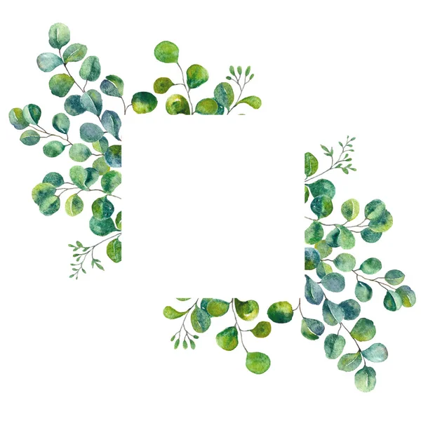 Grüne Blätter Aquarellrahmen. Eukalyptusrahmen, Kranz für Hochzeitseinladung, Grußkarte, Flyer. handbemalte Blumenrahmenvorlage. botanischer Kräuterkranz. — Stockfoto
