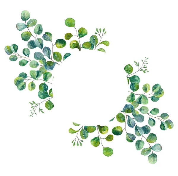 Zielone liście akwarela ramki. Eukaliptus ramki, wieniec zaproszenie na ślub, ulotki, karty z pozdrowieniami. Ręcznie malowany ramki kwiatowy szablonu. Botaniczny wieniec ziołowe. — Zdjęcie stockowe