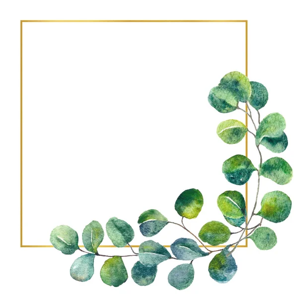 Aquarelle cadre en eucalyptus doré. Cadre avec feuilles vertes, feuillage. Décor de mariage artistique peint à la main. Modèle pour invitations, cartes de vœux, dépliants et bannières . — Photo