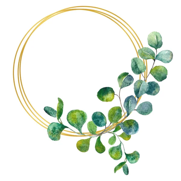 Aquarell Eukalyptus goldener Rahmen. Rahmen mit grünen Blättern, Laub. handbemaltes künstlerisches Hochzeitsdekor. Vorlage für Einladungen, Grußkarten, Flyer und Banner. — Stockfoto
