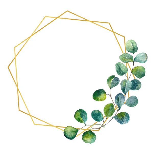 Aquarel eucalyptus gouden frame. Frame met groene bladeren, gebladerte. Handgeschilderde artistieke bruiloft decor. Sjabloon voor uitnodigingen, wenskaarten, flyers en banners. — Stockfoto
