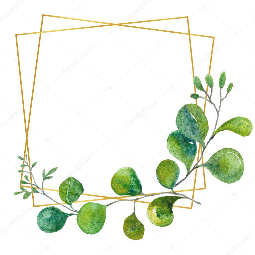 Watercolor eucalyptus golden frame. Frame with green leaves, foliage. Hand painted artistic wedding decor. Template for invitations, greeting cards, flyers and banners.