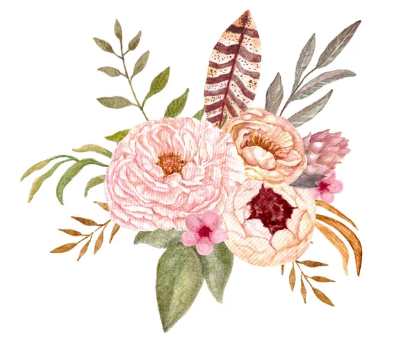 Acuarela de flores, peonía rosa y beige. Ramos florales pintados a mano para invitaciones de boda, tarjetas, diseños de folletos y scrapbooking . — Foto de Stock