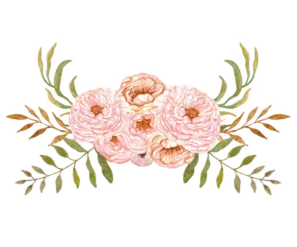 Flores de aquarela, peônia rosa e bege. Bouquets florais pintados à mão para convites de casamento, cartões, desenhos de folhetos e scrapbooking . — Fotografia de Stock