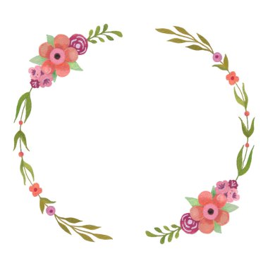 Çiçek çelenk, suluboya çerçeve, el boyalı çiçek illüstrasyon, düğün çiçekleri, davet şablonu.