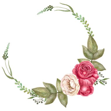 Vintage kırmızı gül çelenk, suluboya çerçeve çiçek, gerçekçi çiçek şekil.