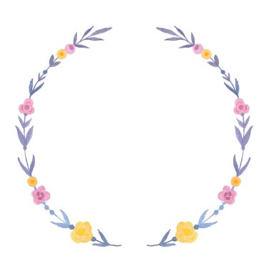 Çiçek çelenk, suluboya çerçeve, el boyalı çiçek illüstrasyon, düğün çiçekleri, davet şablonu.