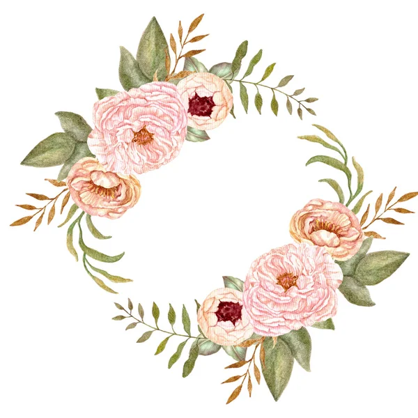 Ghirlanda floreale ad acquerello, cornice floreale, illustrazione botanica dipinta a mano per modello di invito di nozze, biglietto di auguri di compleanno, sfondo di stampa . — Foto Stock