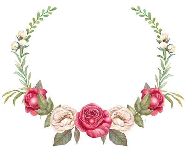 Corona de rosas rojas vintage, marco floral acuarela, ilustración de flores realistas . —  Fotos de Stock