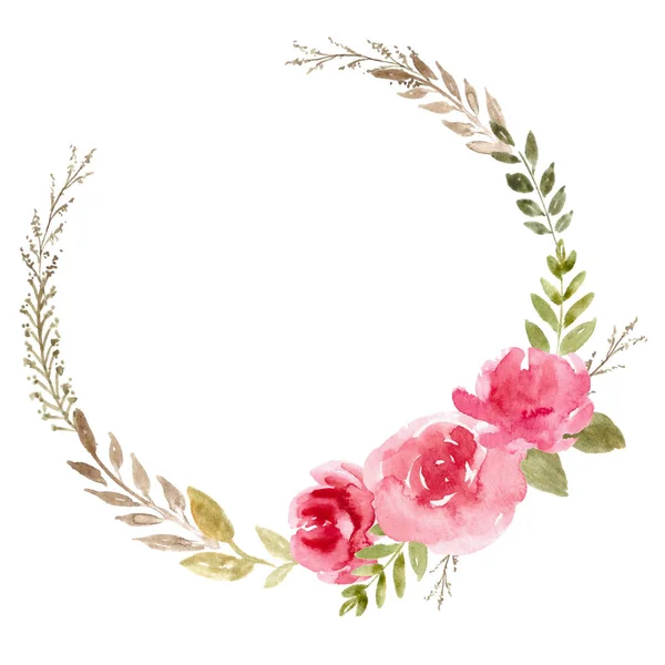 Watercolor floral wreath with pink flowers. Rose frame, hand painted illustration. — Stock Photo, Image