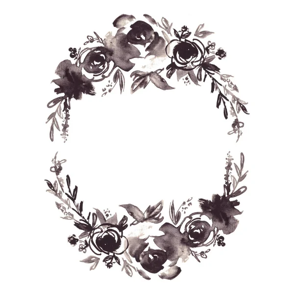 Corona floral de acuarela con flores negras. Marco rosa, ilustración pintada a mano —  Fotos de Stock