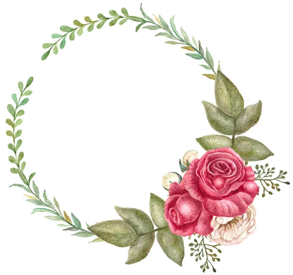 Jahrgang rote Rosen Kranz, Aquarell floralen Rahmen, realistische Blumen Illustration. — Stockfoto