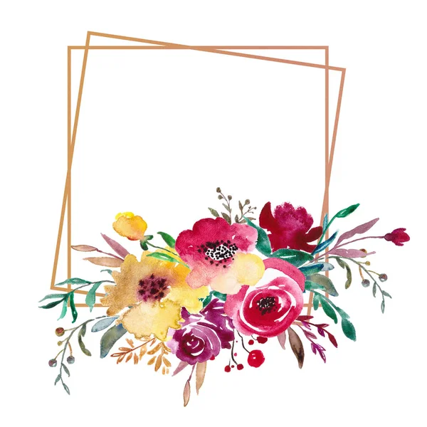 花のフレーム、水彩の結婚式の装飾。花の花輪、招待状やカードのための葉とテンプレート. — ストック写真