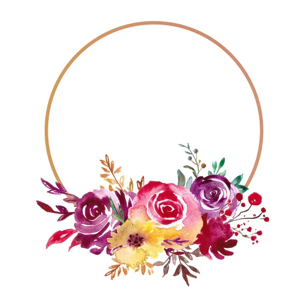 Akvarell virágos keret, Virág Koszorú. Lombozat hátteret esküvői meghívó, üdvözlőlap. — Stock Fotó