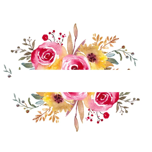 水彩画の花のフレーム、花の花輪。結婚式の招待状、グリーティングカードのための葉の背景. — ストック写真