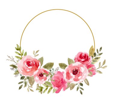 Suluboya Çiçek Çerçeve, Çiçek Çelenk. Düğün davetiyesi, tebrik kartı için yeşillik zemin.