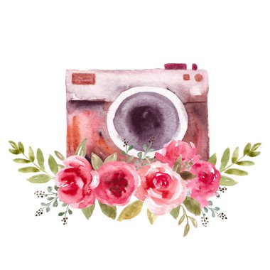 Suluboya vintage kamera, retro kamera. Fotoğrafçı için logo ve amblem.