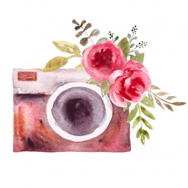 Suluboya vintage kamera, retro kamera. Fotoğrafçı için logo ve amblem.