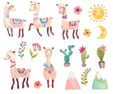 Lama ve alpaka ile suluboya hayvanlar.