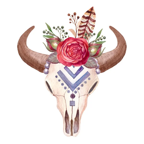 Boho ilustração, crânio animal com flores, vaca, touro . — Fotografia de Stock