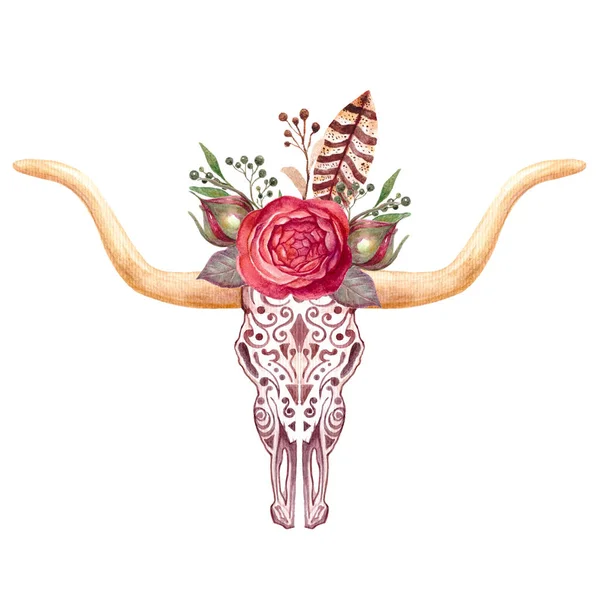 Boho ilustração, crânio animal com flores, vaca, touro . — Fotografia de Stock